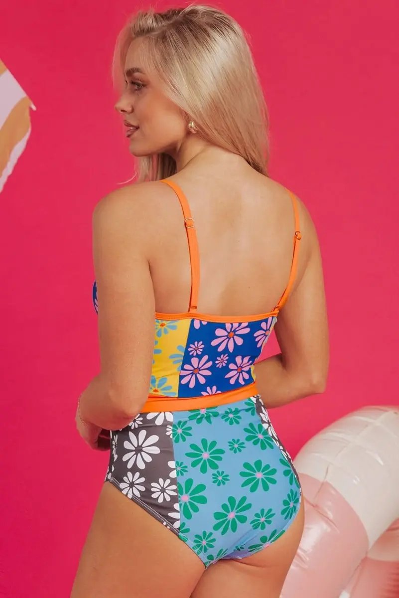 Bohemian Orange Floral Colorblock Spaghetti Strap Bodycon Teddy Swimsuit - Love Salve